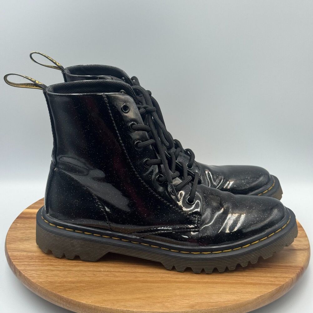 DOC DR MARTENS Luana Boots Black Combat Cosmic Glitter Leather Women's 8